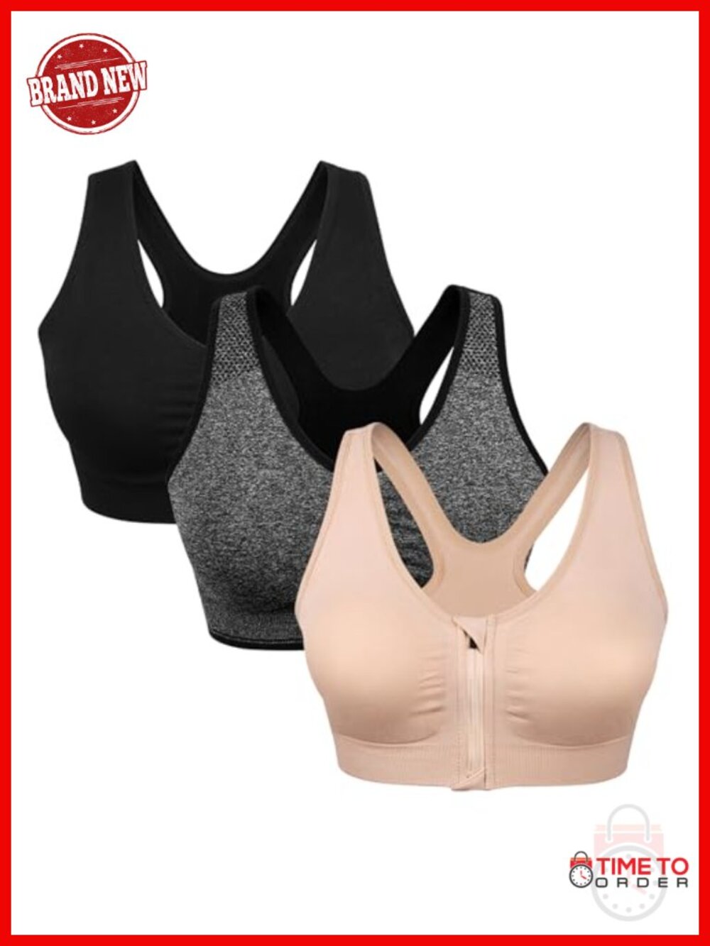Women's Zip Front Sports Bra Wireless Post-Surgery Racerback Medium Support